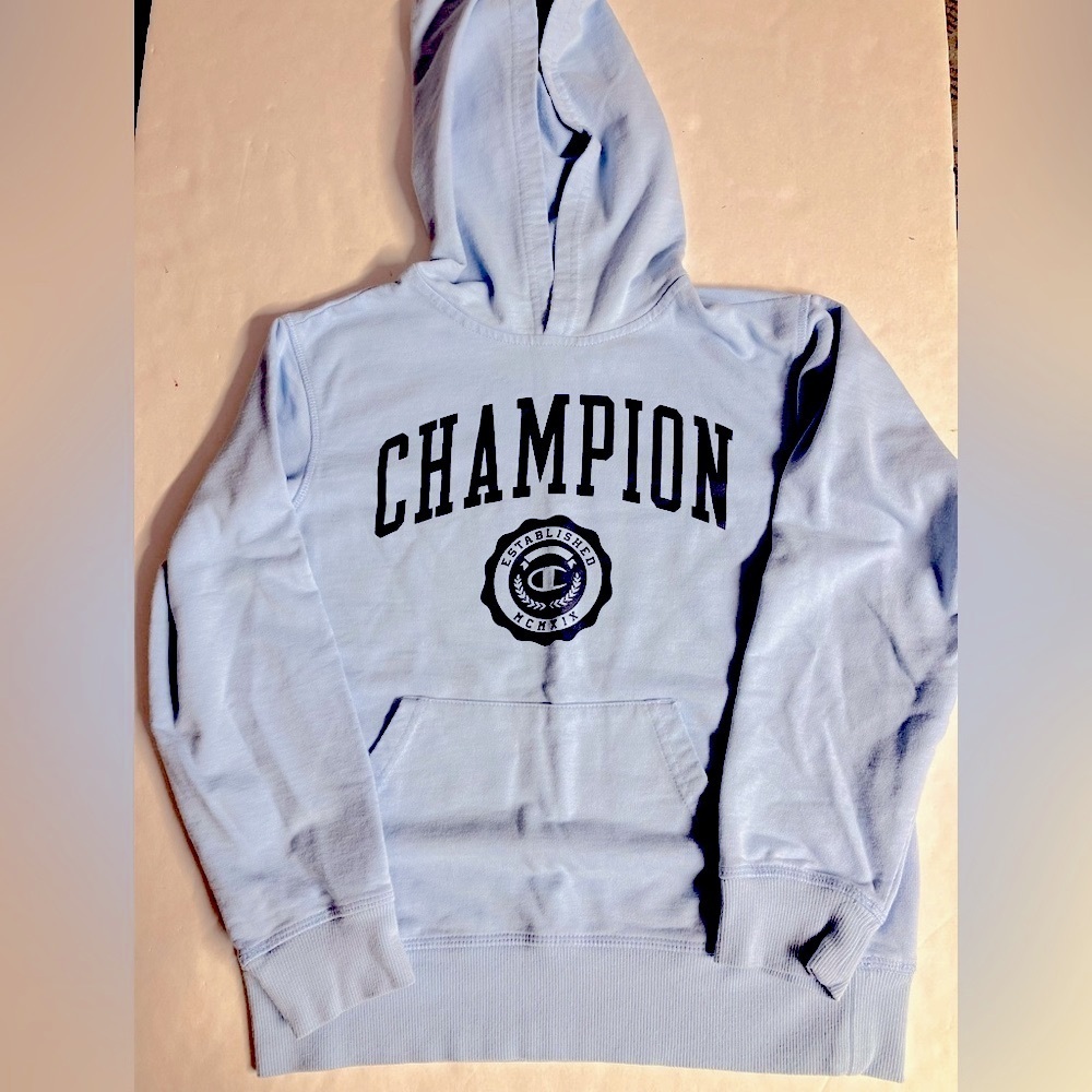 Kid’s Pullover Hoodie, 10-12, Lt Blue/Dk Blue Lettering by Champion